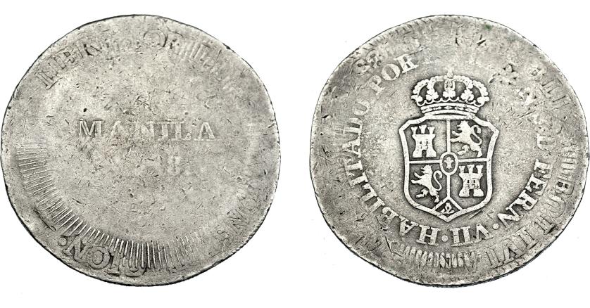 1004   -  COLECCIÓN DE RESELLOS. FERNANDO VII. 8 reales. Resello Manila 1828 sobre 8 reales sin identificar. VI-1029.  BC+.