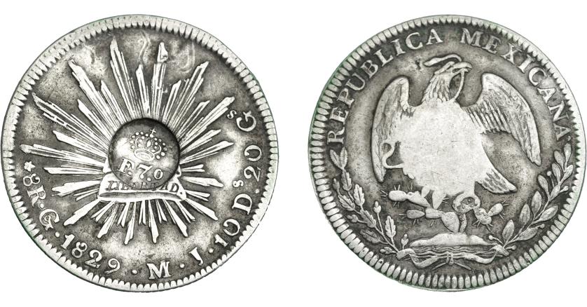 1005   -  COLECCIÓN DE RESELLOS. FILIPINAS. 8 reales. Resello F 7º coronado sobre 8 reales 1829 Guanajuato MJ. KM-74. MBC.