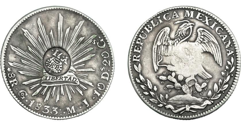 1006   -  COLECCIÓN DE RESELLOS. FILIPINAS. 8 reales. Resello Y. II coronado sobre 8 reales 1833 Guanajuato MJ. KM-129. MBC.