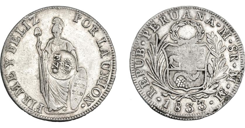 1007   -  COLECCIÓN DE RESELLOS. FILIPINAS. 8 reales. Resello F 7º coronado sobre 8 reales 1833 Lima MM. KM-83. MBC+.