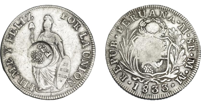 1008   -  COLECCIÓN DE RESELLOS. FILIPINAS. 8 reales. Resello F 7º coronado sobre 8 reales 1833 Lima MM. KM-83. MBC.
