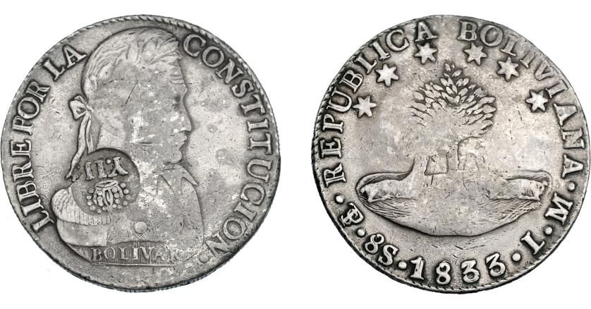 1009   -  COLECCIÓN DE RESELLOS. FILIPINAS. 8 reales. Resello Y. II coronado sobre 8 sueldos 1833 Potosí LM. KM-100. MBC-.