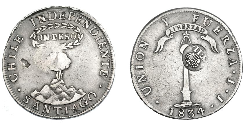 1010   -  COLECCIÓN DE RESELLOS. FILIPINAS. 8 reales. Resello Y. II coronado sobre 1 peso 1834 Santiago IJ. Resello en anv. KM-108. Hojita. MBC-.