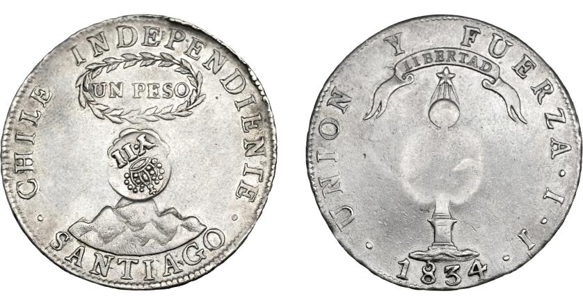1011   -  COLECCIÓN DE RESELLOS. FILIPINAS. 8 reales. Resello Y. II coronado sobre 1 peso 1834 Santiago IJ. Resello en anv. KM-108. MBC+.