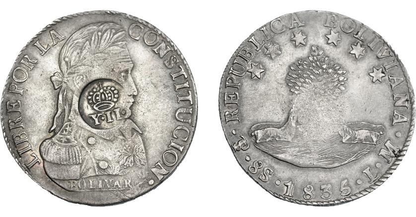 1012   -  COLECCIÓN DE RESELLOS. FILIPINAS. 8 reales. Resello Y. II coronado sobre 8 sueldos 1833 Potosí LM. KM-100. MBc.