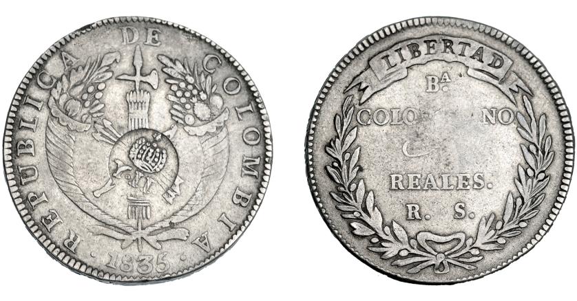 1013   -  COLECCIÓN DE RESELLOS. FILIPINAS. 8 reales. Resello Y. II coronado sobre 8 reales 1835 Bogotá R.S. KM-109. MBC-.