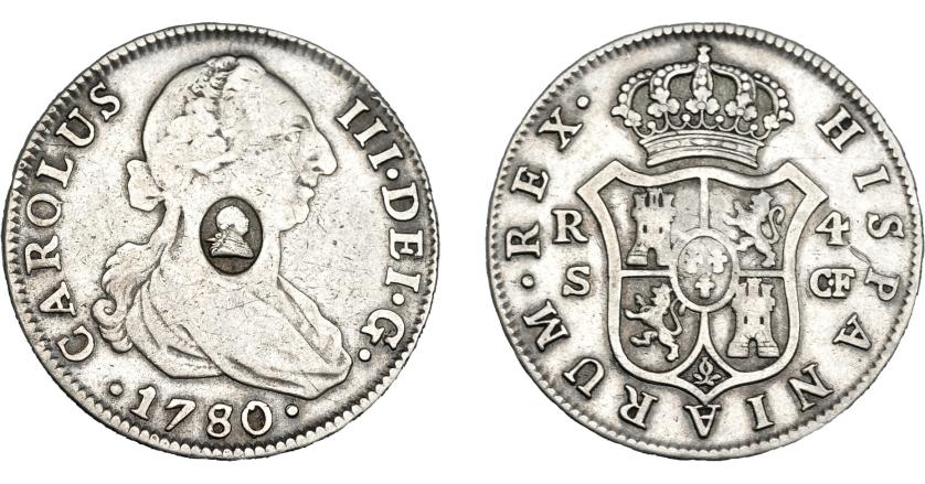 1014   -  COLECCIÓN DE RESELLOS. GRAN BRETAÑA. 1/2 dólar. Resello busto de Jorge III dentro de óvalo sobre 4 reales 1780 Sevilla CF. KM-622.2. MBC.