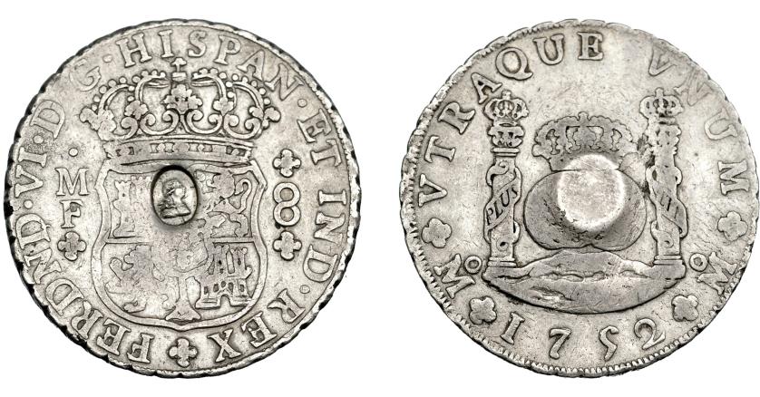 1015   -  COLECCIÓN DE RESELLOS. GRAN BRETAÑA. Dólar. Resello busto de Jorge III dentro de óvalo sobre 8 reales 1752 México MF. KM-630. La moneda MBC, el resello EBC. Rarísima.