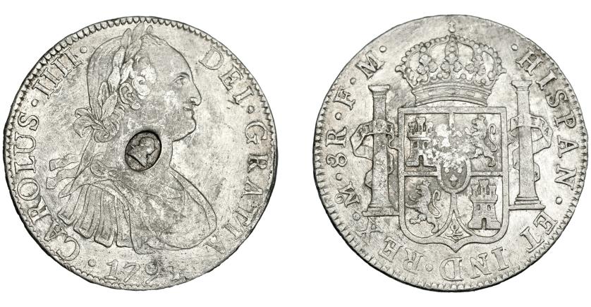 1017   -  COLECCIÓN DE RESELLOS. GRAN BRETAÑA. Dólar. Resello busto de Jorge III dentro de óvalo sobre 8 reales 1791 México FM. KM-634. MBC.