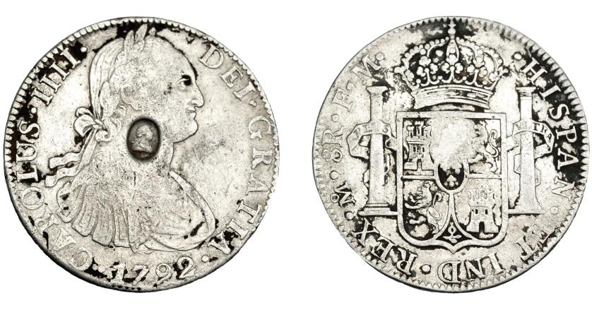 1019   -  COLECCIÓN DE RESELLOS. GRAN BRETAÑA. Dólar. Resello busto de Jorge III dentro de óvalo sobre 8 reales 1792 México FM. KM-634. La moneda MBC-, el resello MBC+.