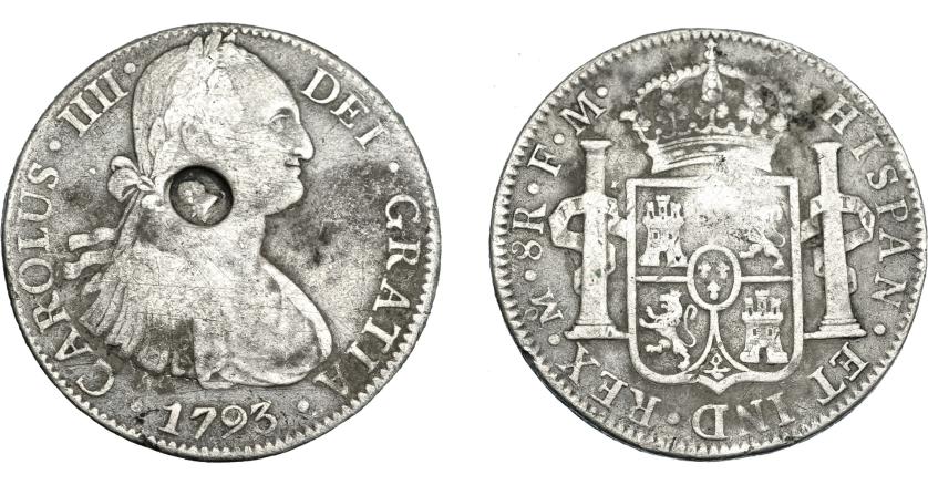 1020   -  COLECCIÓN DE RESELLOS. GRAN BRETAÑA. Dólar. Resello busto de Jorge III dentro de óvalo sobre 8 reales 1793 México FM. KM-634. BC+/MBC-.