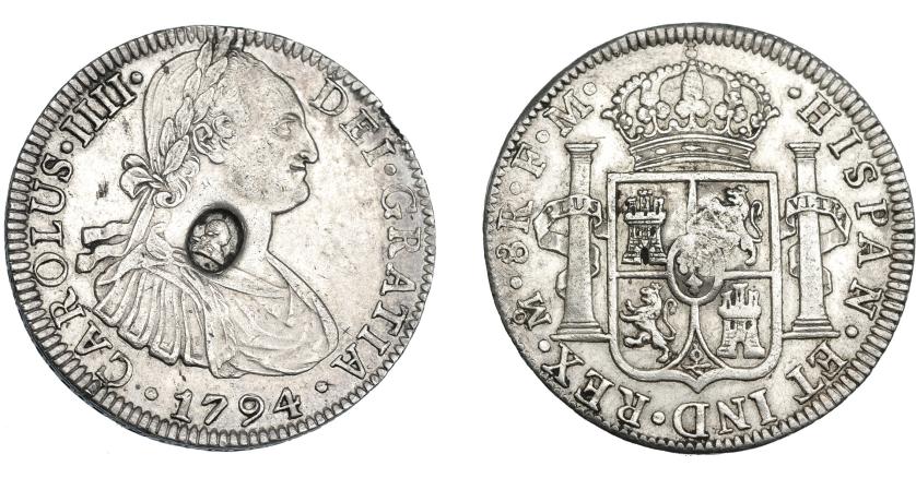 1021   -  COLECCIÓN DE RESELLOS. GRAN BRETAÑA. Dólar. Resello busto de Jorge III dentro de óvalo sobre 8 reales 1794 México FM. KM-634. MBC+.