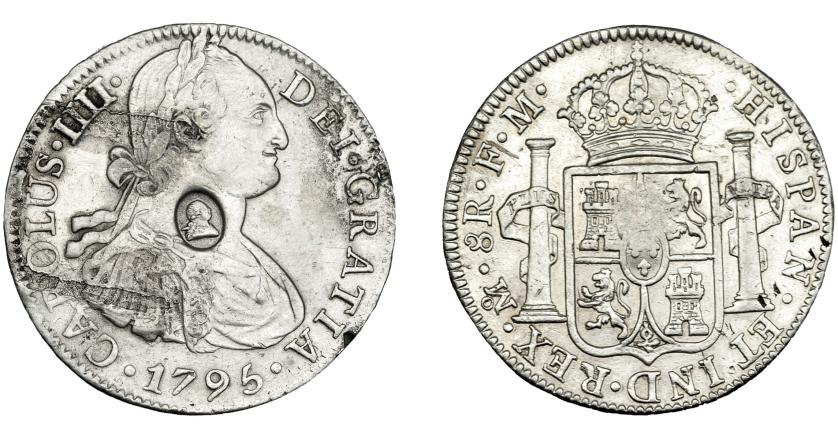 1022   -  COLECCIÓN DE RESELLOS. GRAN BRETAÑA. Dólar. Resello busto de Jorge III dentro de óvalo sobre 8 reales 1795 México FM. KM-634. Oxidaciones. MBC+.