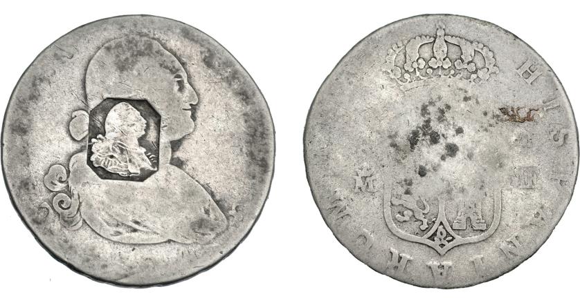 1023   -  COLECCIÓN DE RESELLOS. GRAN BRETAÑA. Dólar. Resello busto de Jorge III dentro de un punzón octogonal sobre 4 reales 1794 Madrd.. KM-no. La moneda RC, el resello MBC-.