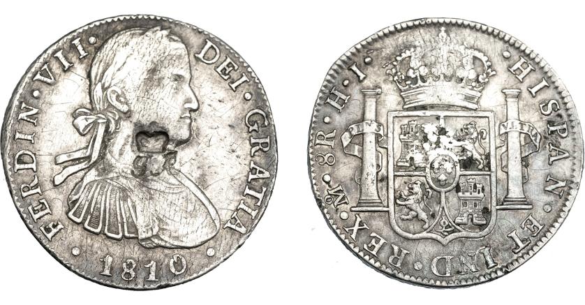 1032   -  COLECCIÓN DE RESELLOS. HONDURAS BRITÁNICA. 6 chelines y 1 penique. Resello GR coronadas sobre 8 reales 1810 México, HJ. KM-4.1. MBC.