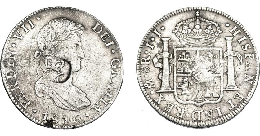 1033   -  COLECCIÓN DE RESELLOS. HONDURAS BRITÁNICA. 6 chelines y 1 penique. Resello GR coronadas sobre 8 reales 1816 México, JJ. KM-2. MBC-/MBC.