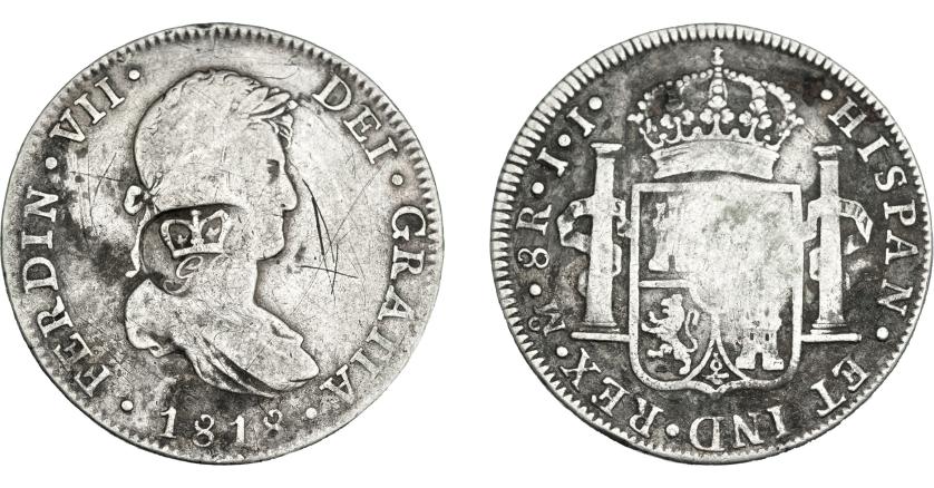 1034   -  COLECCIÓN DE RESELLOS. HONDURAS BRITÁNICA. 6 chelines y 1 penique. Resello GR coronadas sobre 8 reales 1818 México JJ. KM-2. Rayas. BC+/MBC-. 