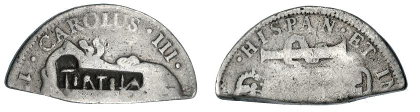 1040   -  COLECCIÓN DE RESELLOS. ISLAS VÍRGENES BRITÁNICAS. TÓRTOLA. 4 chelines y 1 1/2 peniques. Resellos TORTOLA sobre medio 8 reales de Carlos III. KM-19. MBC.