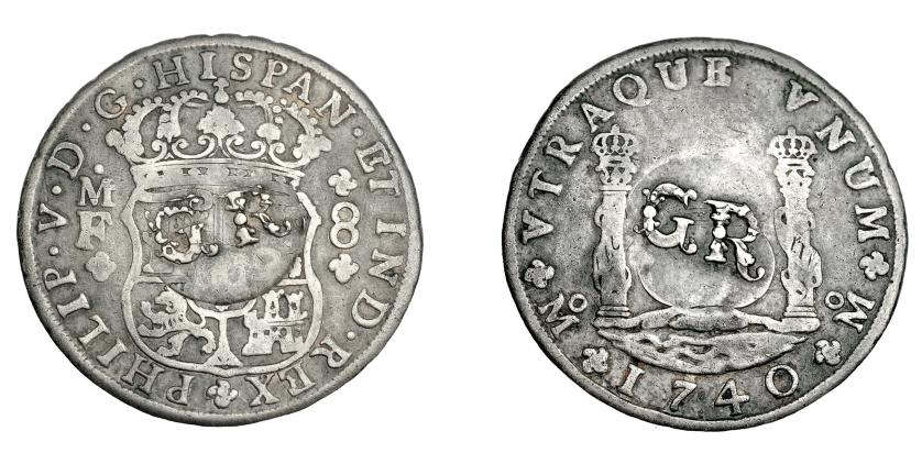 1042   -  COLECCIÓN DE RESELLOS. JAMAICA. 6 chelines y 8 peniques. Resellos GR dentro de círculo en anv. y rev. sobre 8 reales 1740 México MF. KM-8.4. La moneda MBC-. El resello MBC.