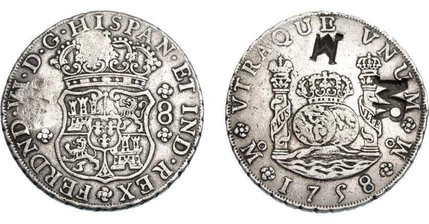 1045   -  COLECCIÓN DE RESELLOS. MOZAMBIQUE.8 reales. Resellos MR enlazadas y M sobre 8 reales 1758 México (MM). KM-no. Gomes-no. MBC.