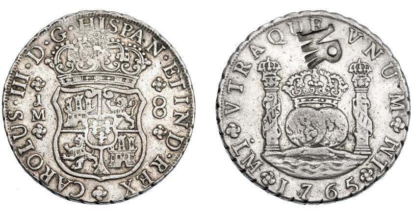 1047   -  COLECCIÓN DE RESELLOS. MOZAMBIQUE. 8 reales. Resello MR enlazadas sobre 8 reales 1765 Lima JM. KM-27.2. Gomes-29.05. MBC.