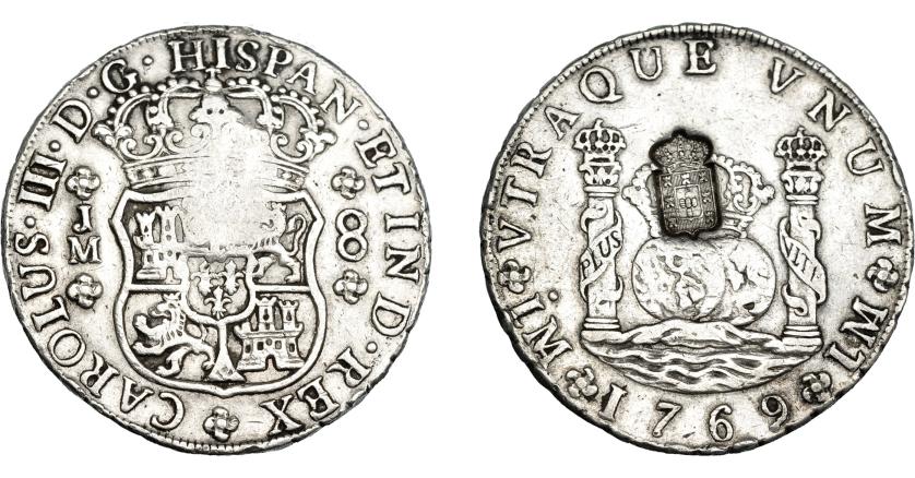 1048   -  COLECCIÓN DE RESELLOS. PORTUGAL. 870 reis. Resello escudo de Portugal sobre 8 reales 1769 Lima JM. KM-no. Gomes-no. MBC.
