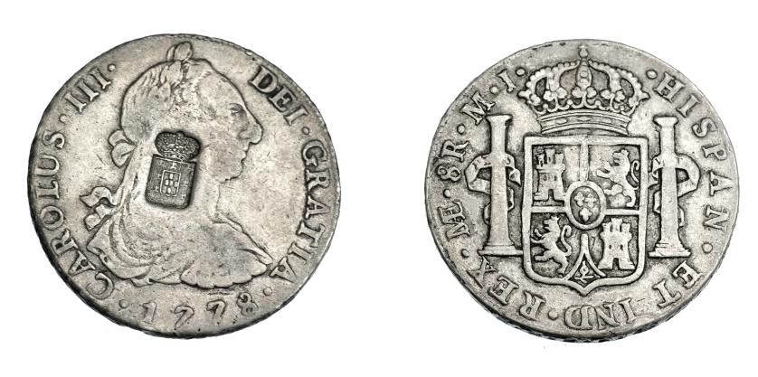 1049   -  COLECCIÓN DE RESELLOS. PORTUGAL. 870 reis. Resello escudo de Portugal sobre 8 reales 1778. Lima MJ. KM no publica. Gomes no publica. La moneda BC+/MBC-. El resello MBC.