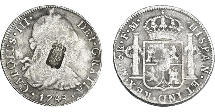 1050   -  COLECCIÓN DE RESELLOS. PORTUGAL. 870 reis. Resello escudo  de Portugal sobre 8 reales 1788. México FM. KM-440.11. Gomes-26.16. La moneda BC+/el resello MBC.