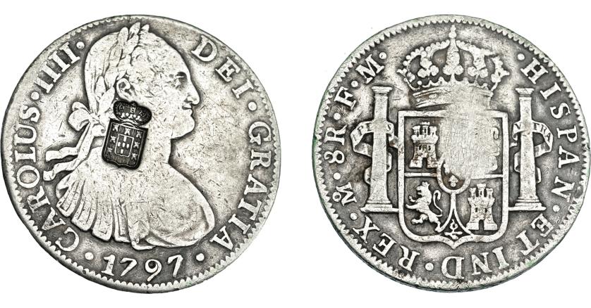 1052   -  COLECCIÓN DE RESELLOS. PORTUGAL. 870 reis. Resello escudo de Portugal sobre 8 reales 1797 México FM. KM-440.13. Gomes-27.22. MBC-/MBC.