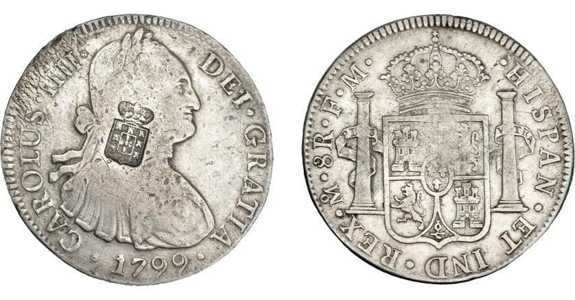 1053   -  COLECCIÓN DE RESELLOS. PORTUGAL. 870 reis. Resello escudo de Portugal sobre 8 reales 1799 México FM. KM-440.13. Gomes-27.27. MBC-/MBC.