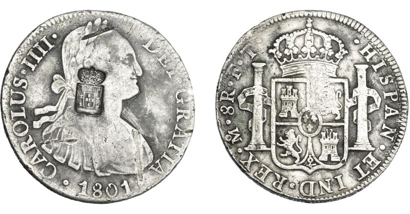 1055   -  COLECCIÓN DE RESELLOS. PORTUGAL. 870 reis. Resello escudo de Portugal sobre 8 reales 1801 México FT. KM-440.13. Gomes-27.32. BC+.