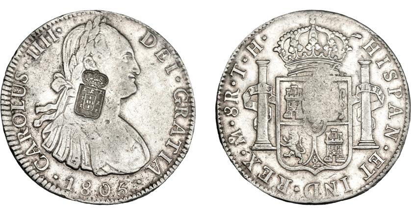 1057   -  COLECCIÓN DE RESELLOS. PORTUGAL. 870 reis. Resello escudo de Portugal sobre 8 reales 1805 México TH. KM-440.13. Gomes-27.39. MBC/MBC+.