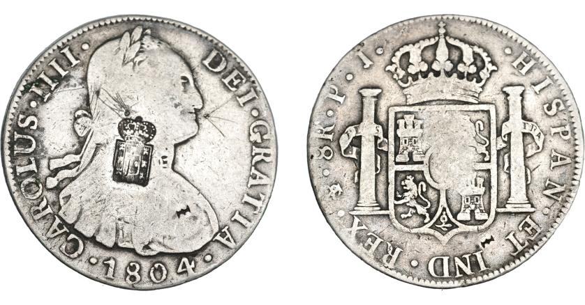 1058   -  COLECCIÓN DE RESELLOS. PORTUGAL. 870 reis. Resello escudo de Portugal sobre 8 reales 1804 Potosí PJ. KM-440.3. Gomes-no. Rayas. BC+.