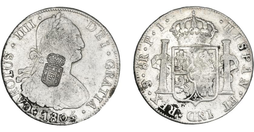 1059   -  COLECCIÓN DE RESELLOS. PORTUGAL. 870 reis. Resello escudo de Portugal sobre 8 reales 1805 Potosí PJ. KM-440.3. Gomes-27.40. La moneda MBC-, el resello MBC+.