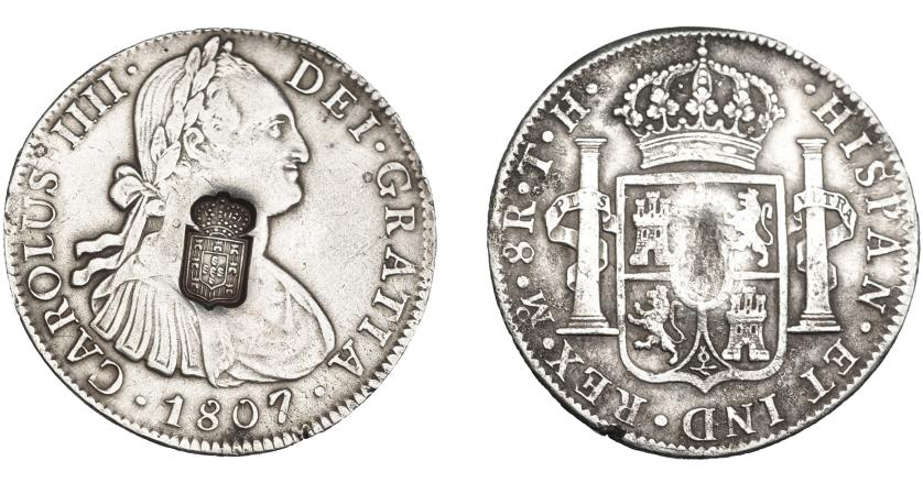 1060   -  COLECCIÓN DE RESELLOS. PORTUGAL. 870 reis. Resello escudo de Portugal sobre 8 reales 1807 México TH. KM-440.13. Gomes-27.44. MBC.