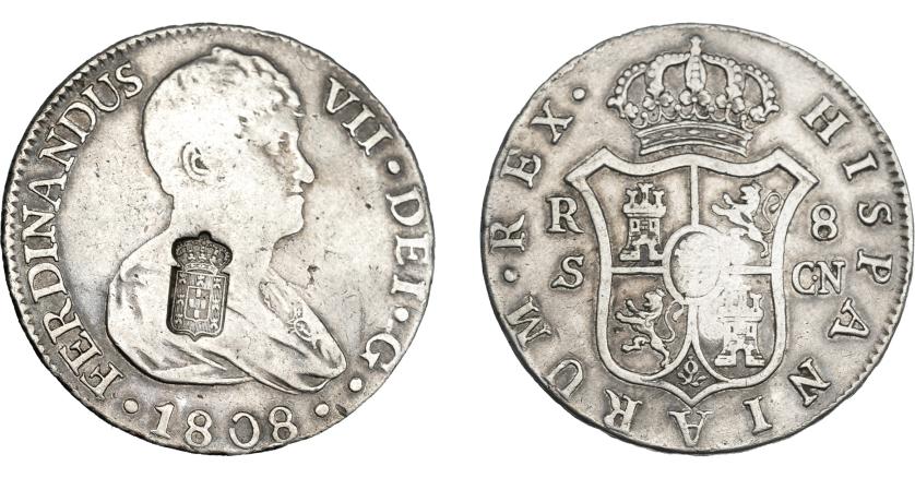1061   -  COLECCIÓN DE RESELLOS. PORTUGAL. 870 reis. Resello escudo de Portugal sobre 8 reales 1808 Sevilla CN. KM-no. Gomes-no. MBC. Rara.