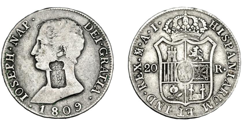 1062   -  COLECCIÓN DE RESELLOS. PORTUGAL. 870 reis. Resello escudo  de Portugal sobre 20 reales 1809 Madrid, AI. KM-440.36. Gomes-28.01. MBC-.