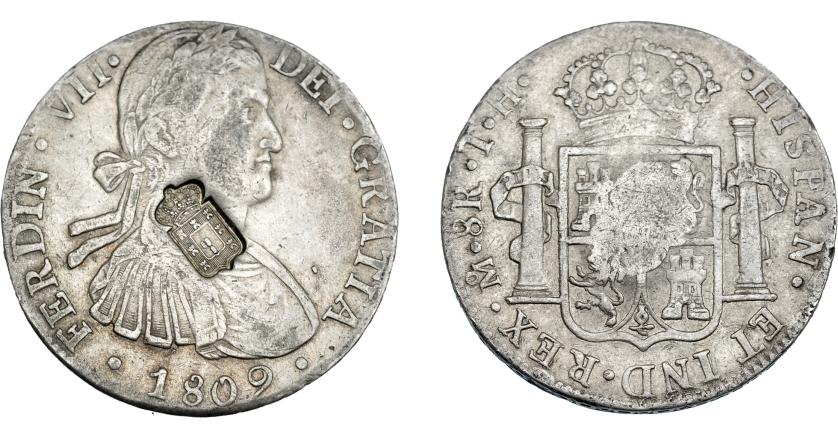 1063   -  COLECCIÓN DE RESELLOS. PORTUGAL. 870 reis. Resello escudo de Portugal sobre 8 reales 1809 México TH. KM-440.14. Gomes-29.15. MBC.