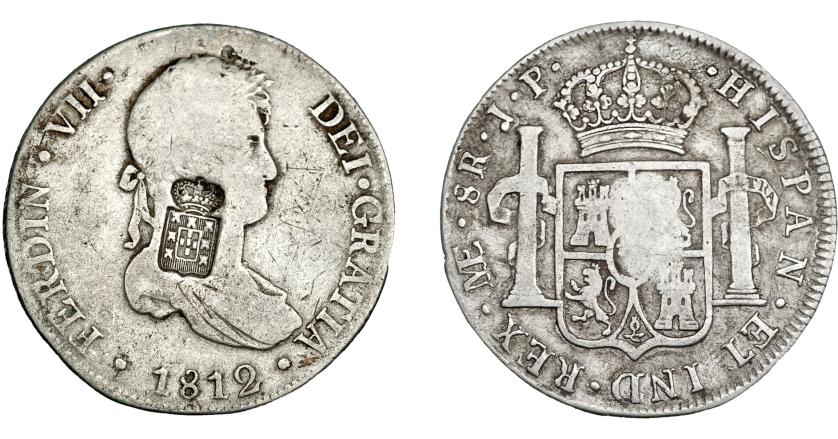 1064   -  COLECCIÓN DE RESELLOS. PORTUGAL. 870 reis. Resello escudo de Portugal sobre 8 reales 1812 Lima JP. KM-440.33. Gomes-29.21. BC+/MBC.