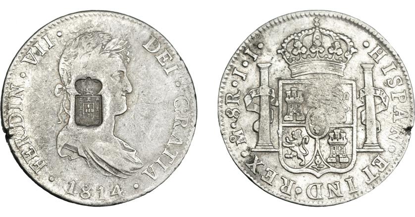 1065   -  COLECCIÓN DE RESELLOS. PORTUGAL. 870 reis. Resello escudo de Portugal sobre 8 reales 1814 México JJ. KM-440.15. Gomes-29.26. MBC.