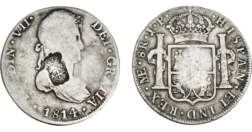 1066   -  COLECCIÓN DE RESELLOS. PORTUGAL. 870 reis. Resello escudo de Portugal sobre 8 reales 1814 Lima JP. KM-440.33. Gomes-29.29. BC+/MBC-.
