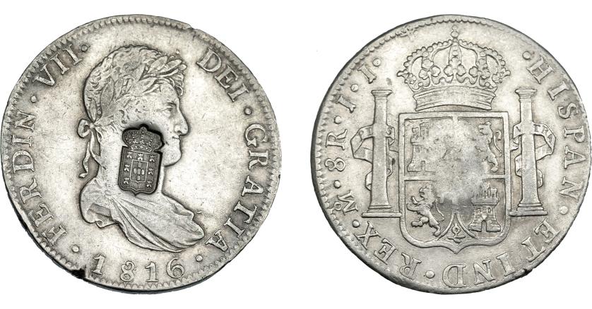 1067   -  COLECCIÓN DE RESELLOS. PORTUGAL. 870 reis. Resello escudo de Portugal sobre 8 reales 1816 México JJ. KM-440.15. Gomes-29.35. MBC/MBC+.