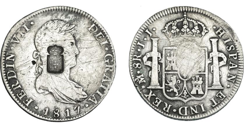 1068   -  COLECCIÓN DE RESELLOS. PORTUGAL. 870 reis. Resello escudo de Portugal sobre 8 reales 1817 México JJ. KM-440.15. Gomes-29.38. Rayas. La moneda BC+, el resello MBC.
