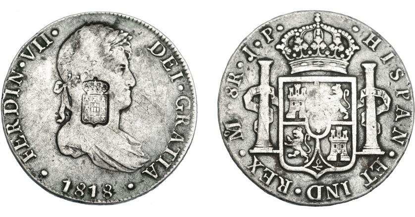 1069   -  COLECCIÓN DE RESELLOS. PORTUGAL. 870 reis. Resello escudo de Portugal sobre 8 reales 1818 México JP, rectificada de Lima, posiblemente en la época. KM-440.15. Gomes-29.42. Rayas. MBC-.