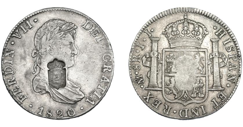 1071   -  COLECCIÓN DE RESELLOS. PORTUGAL. 870 reis. Resello escudo de Portugal sobre 8 reales 1820 México JJ. KM-440.15. Gomes-29.52. La moneda MBC, el resello EBC.