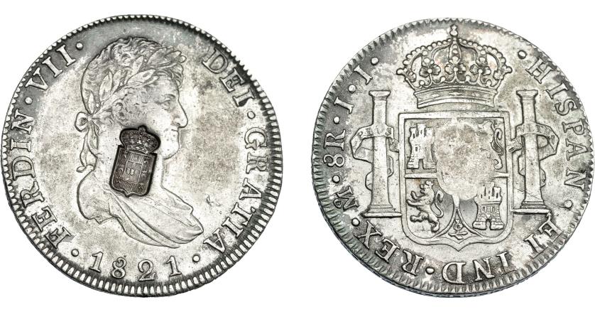 1072   -  COLECCIÓN DE RESELLOS. PORTUGAL. 870 reis. Resello escudo de Portugal sobre 8 reales 1821 México JJ. KM-440.15. Gomes-29.55. MBC+.