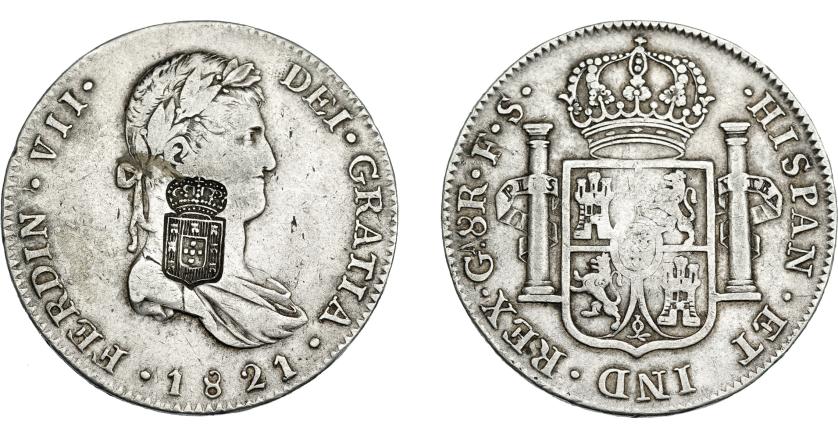 1073   -  COLECCIÓN DE RESELLOS. PORTUGAL. 870 reis. Resello escudo de Portugal sobre 8 reales 1821. Guadalajara FS. KM-440.17. Gomes-29.59. MBC.