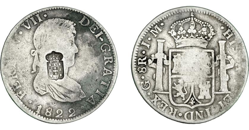 1074   -  COLECCIÓN DE RESELLOS. PORTUGAL. 870 reis. Resello escudo de Portugal sobre 8 reales 1822. Guanajuato JM. KM-440.18. Gomes-29.62. La moneda BC+, el resello MBC.