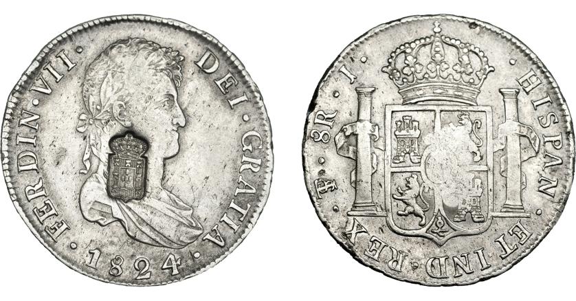 1075   -  COLECCIÓN DE RESELLOS. PORTUGAL. 870 reis. Resello escudo de Portugal sobre 8 reales 1824 Potosí J. KM-440.33. Gomes-29.67. MBC+.