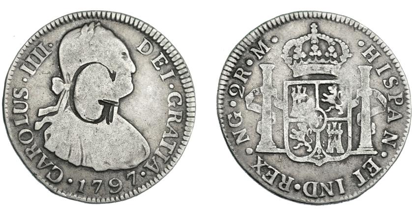 1080   -  COLECCIÓN DE RESELLOS. Resello G sobre 2 reales 1797 Nueva Guatemala, M. MBC-.